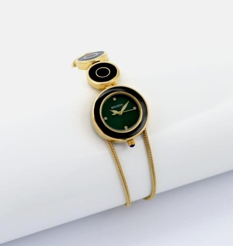 ساعه نسائيه بروشا مميزه ذهبي اسود ميناء اخضر