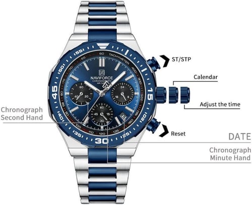 ساعة رجالية كرونوغراف فضي ميناء أزرق