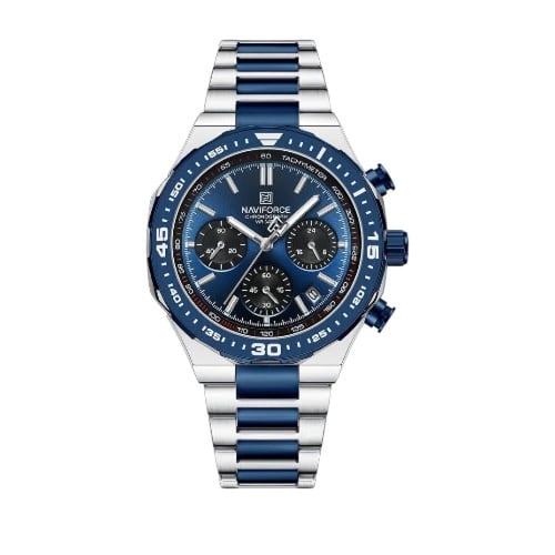 ساعة رجالية كرونوغراف فضي ميناء أزرق