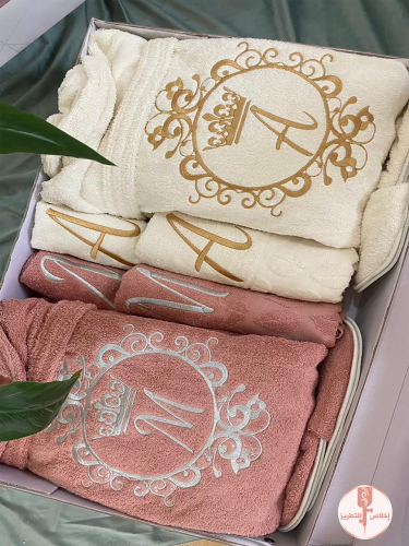 Towel robe set (pink and beige)