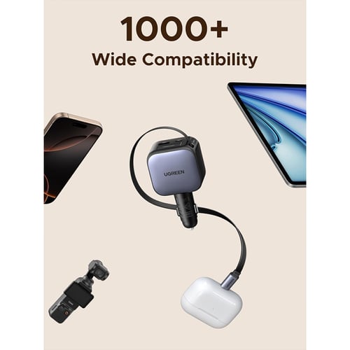 شاحن سيارة يوجرين بسلك قابل للسحب بمنفذ USB-C ومنف...