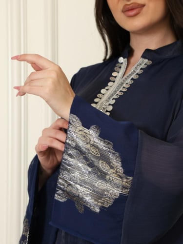 جلابيه كحلي شيفون وفضي