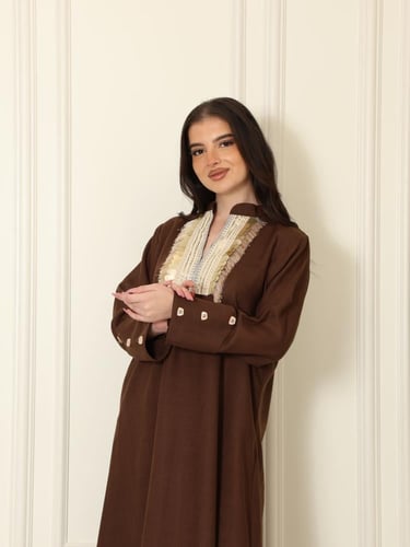 جلابيه لينون بني غامق وبيج