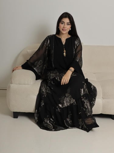 جلابيه شيفون اسود وذهبي