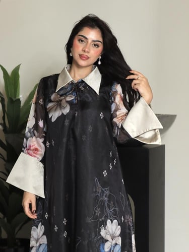 جلابية شيفون اسود مشجر