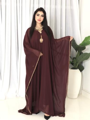 جلابيه شيفون عنابي غامق وذهبي