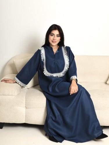 جلابيه لينون ازرق نيلي وفضي