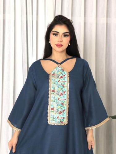 جلابيه لينن ازرق مطرز