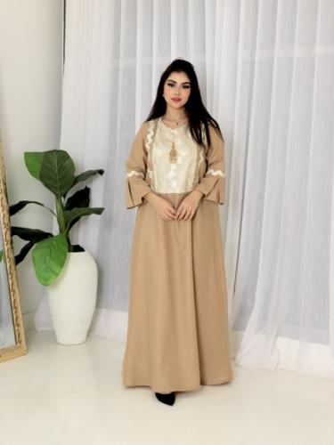 جلابيه بيج لينن مطرز بذهبي