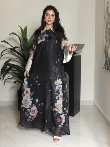 جلابية شيفون اسود مشجر