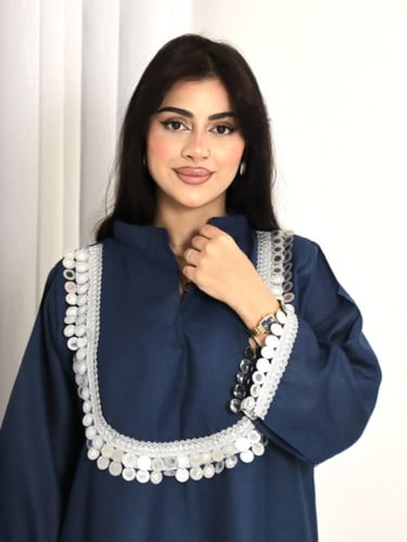 جلابيه لينون ازرق نيلي وفضي