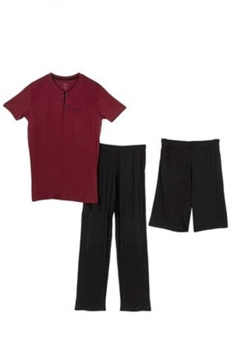 طقم بيجاما رجالي عنابي 3 قطع بتصميم أنيق ومريح