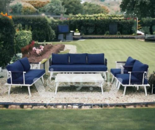 طقم جلسة كنب خارجية 7 أشخاص قماش لون أزرق