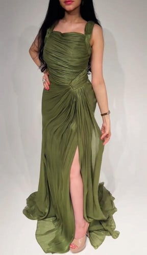 فستان زيتوني كرنكل فتحة ساق جذابة