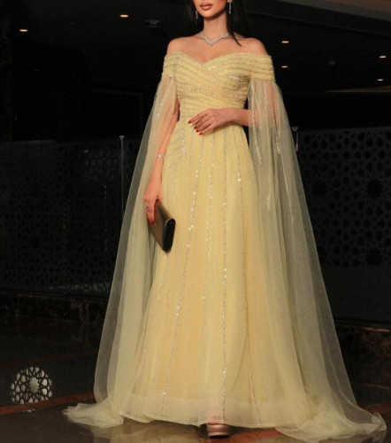 فستان تل سهرات تطريز مكشوف االاكتاف