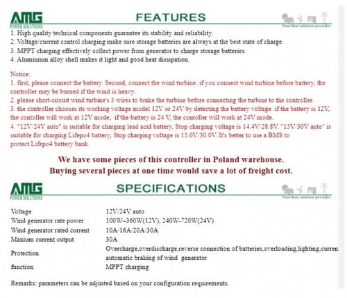 منظم شحن طاقة رياح 10 امبير 12/24 فولط بتقنية MPPT