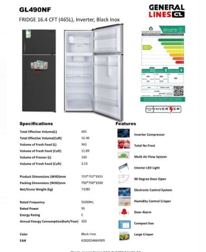 ثلاجة جنرال لاينز ببابين، سعة 16.4 قدم ، لون ستيل...