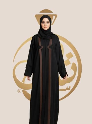عباية كريب كتان بدبل ياقة أمامية باللون البني وقصة...