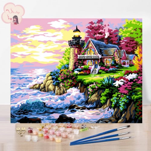 لوحة تلوين بالأرقام بتصميم كوخ على النهر