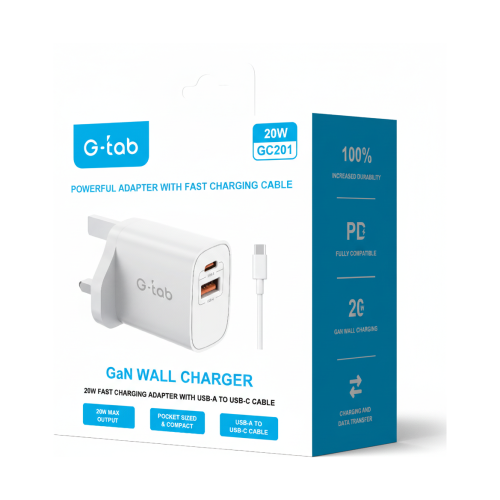 جي تاب (G-tab) شاحن جداري GaN بقوة 20 واط مع كابل...