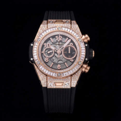 Hublot Big Bang Unico King Gold High Jewelry Full Set Baguette Men's 42mm Rose Gold Skeleton Dial Black Rubber Bracelet with Packa...