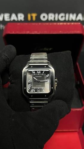 Cartier Santos de Cartier watch with a carbon bezel and grey dial