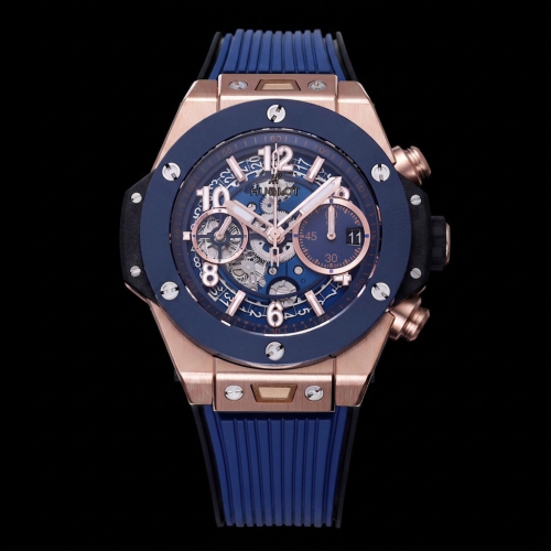 Hublot Big Bang Unico King Gold Men's 42mm Rose Gold and Blue Ceramic Watch with Blue Skeleton Dial and Blue Rubber Strap, comes w...