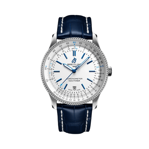 Breitling Navitimer Men's 41mm Steel White Dial Blue Markers Blue Leather Strap ⌚