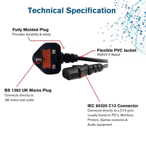 كيبل طاقة C2J بطول 5 متر (IEC320C13 إلى BS1363) -...