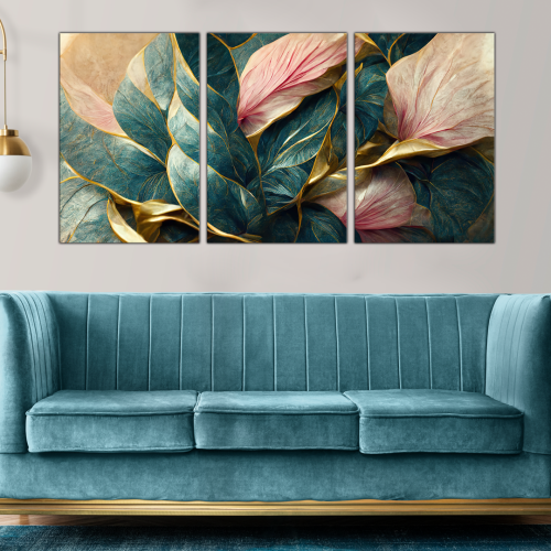 لوحة جدارية ورود مذهبة ولون فيروزي جذاب للديكور