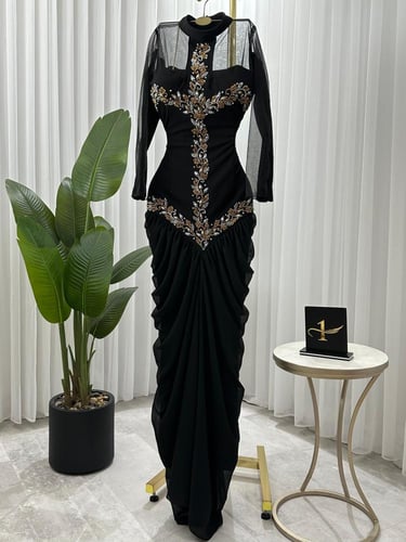 فستان نسائي سهره قماش كريب استرتش مع شيفون