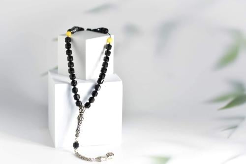 سبحة حجر تورمالين الاسود والكهرمان الأصفر فضة إيطا...