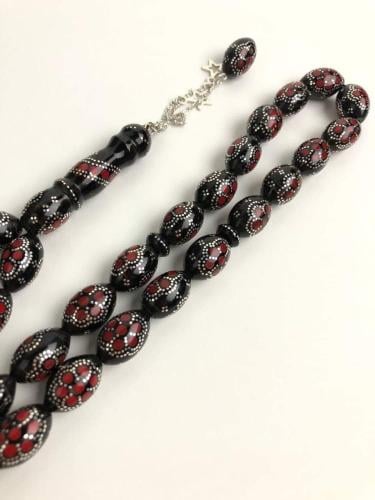 سبح حجر مرجان يسر مطعمة فضة عيار 925 شكة فضة سبحة...