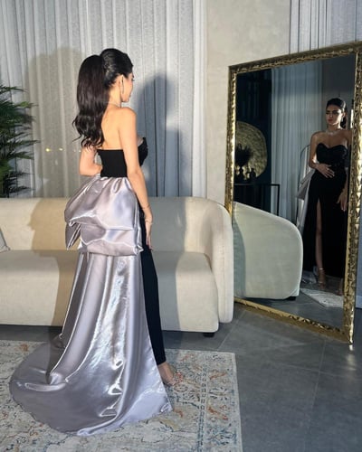 فستان نسائي لكرا مع كريب لماع اسود مع رصاصي