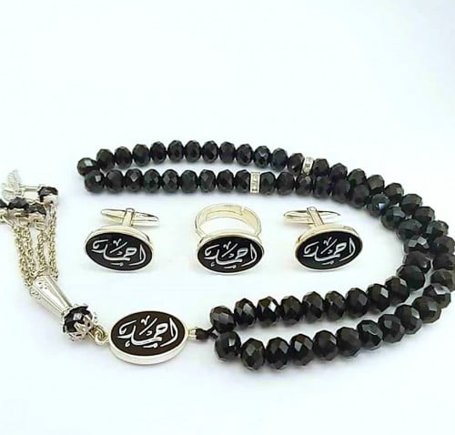 طقم رجالي فضة خالص عيار925 مع حجر كريم بالأسم حسب...