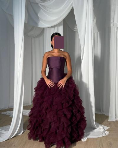 فستان سهرة قماش ميكادو مع تل