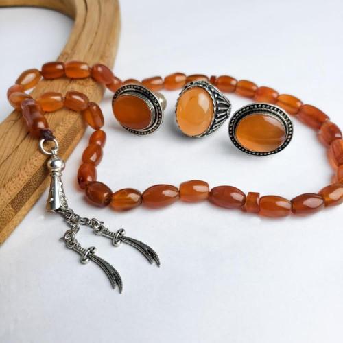 سبحة عقيق مع خاتم عقيق مع كبك عقيق طقم فضة خالص عي...