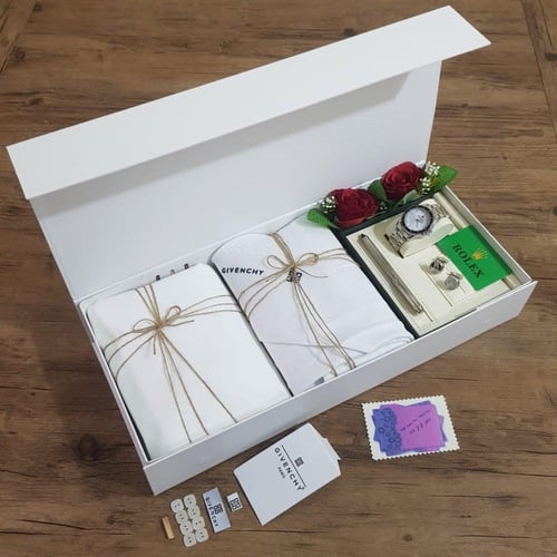 طقم وبوكس رجالي ساعة رولكس مع قلم وكبك قماش مع شال...