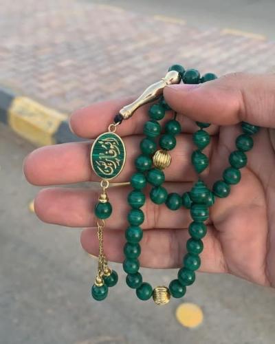 سبح احجار كريمه وفضة حجر الملاكايت الاخضر مع نحت ا...