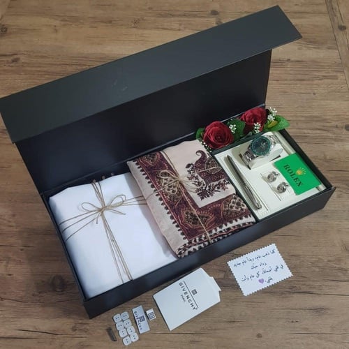 طقم وبوكس رجالي ساعة رولكس مع قلم وكبك قماش مع شال...