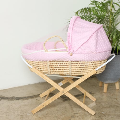 مهد مواليد (سلة موسى) لون وردي + قاعدة