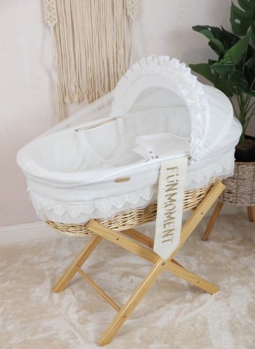 سرير اطفال سلة موسى خيزران قماش هندي مُزين بالدانت...