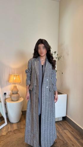 بليزر لينن زري رمادي مخطط ابيض