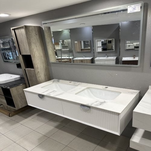 مغسلة دولاب خشب حوضين أبيض 120 سم