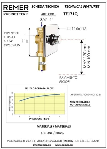 سيفون ضغط مخفي TE171Q ايطالي REMER كروم مربع