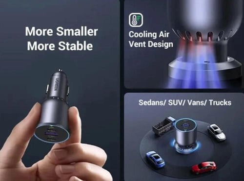 يوجرين شاحن جوال للسيارة 3 منافذ 130 واط - اسود