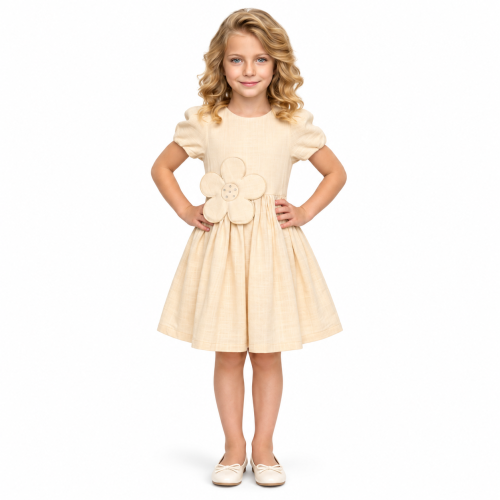 فستان بناتي بأكمام قصيرة منتفخة وتزيين وردة كبيرة عند الخصر