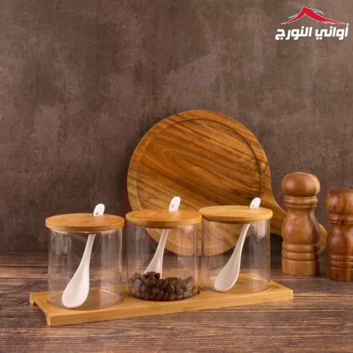 طقم علب بهارات زجاج بغطاء خشب وقاعدة