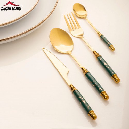 طقم ادوات مائدة ماربل أخضر مذهب بستاند 24 قطعة