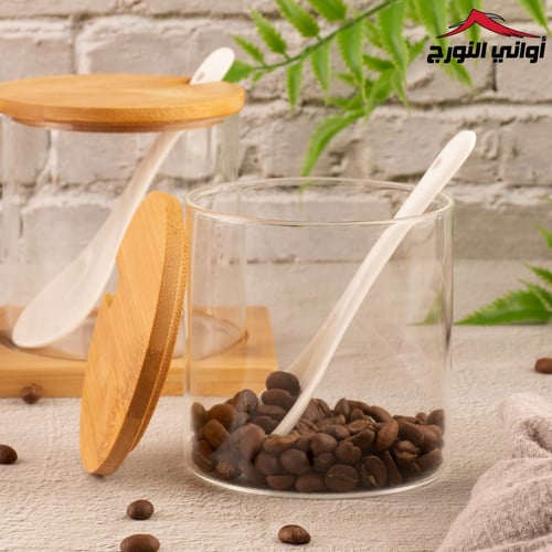 طقم علب بهارات زجاج بغطاء خشب وقاعدة